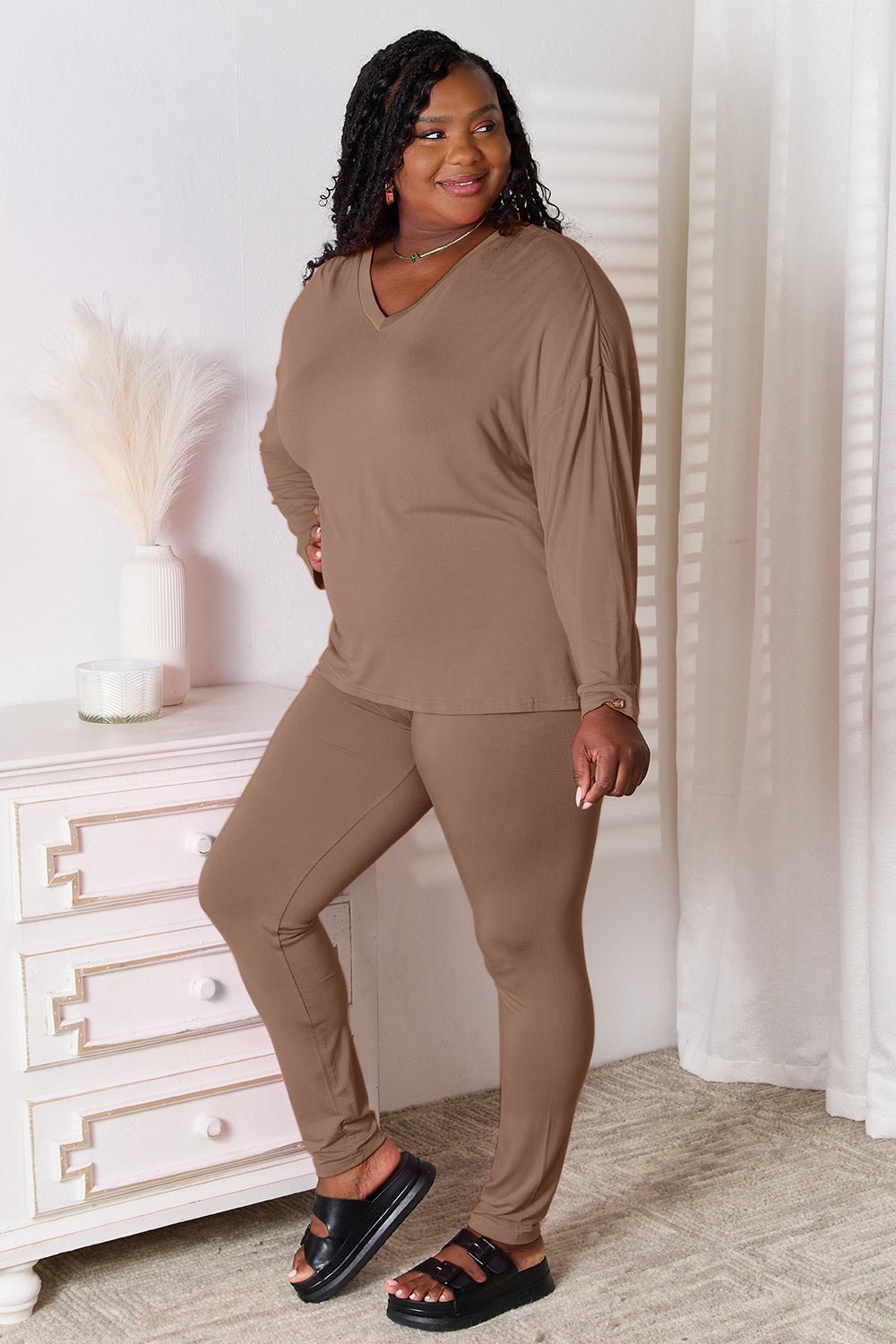 Basic Bae Full Size V - Neck Soft Rayon Long Sleeve Top and Pants Lounge Set - Runway Regalia