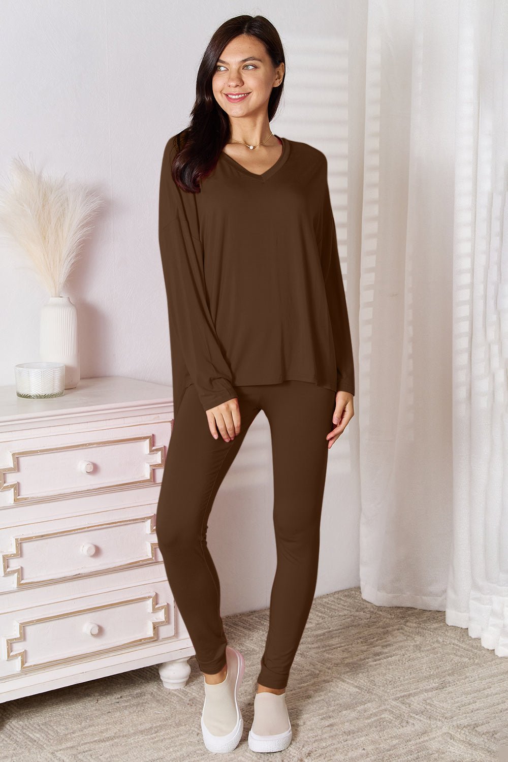 Basic Bae Full Size V - Neck Soft Rayon Long Sleeve Top and Pants Lounge Set - Runway Regalia