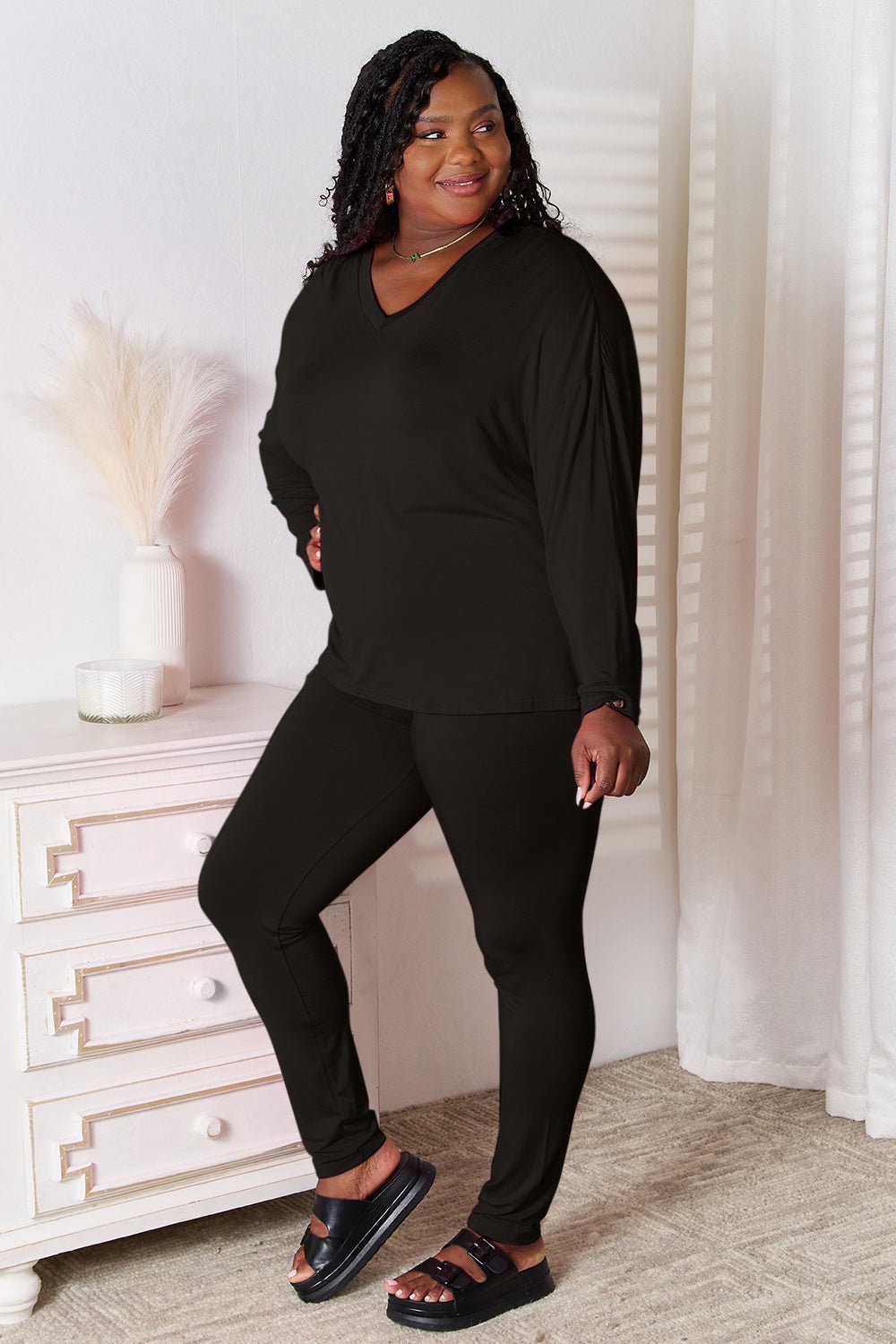 Basic Bae Full Size V - Neck Soft Rayon Long Sleeve Top and Pants Lounge Set - Runway Regalia