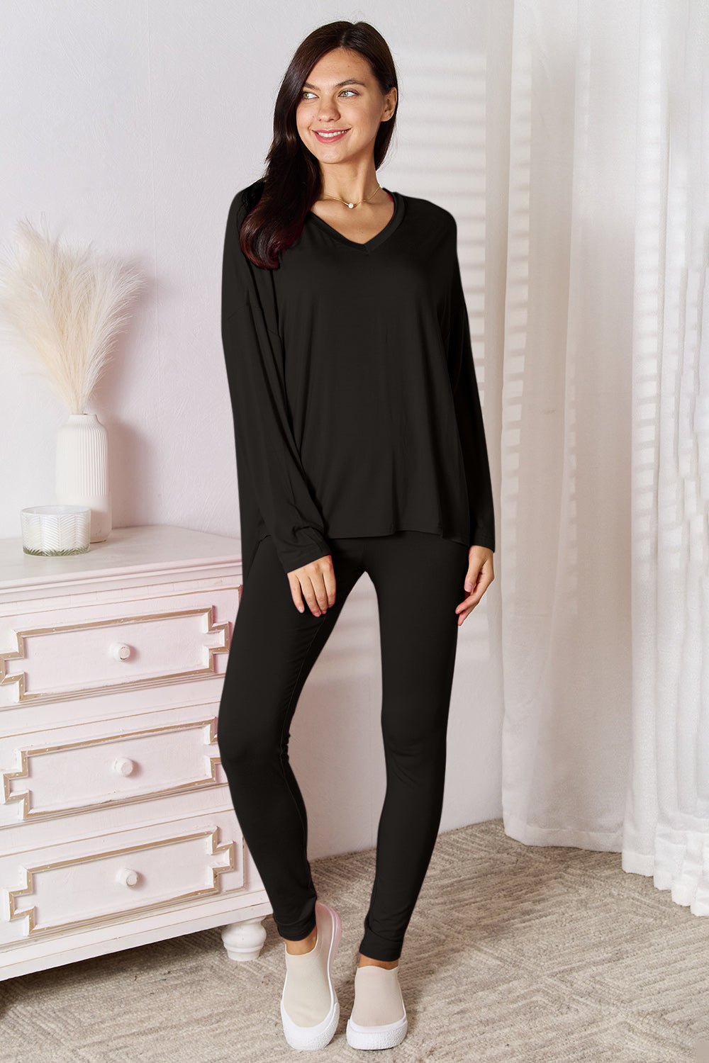 Basic Bae Full Size V - Neck Soft Rayon Long Sleeve Top and Pants Lounge Set - Runway Regalia