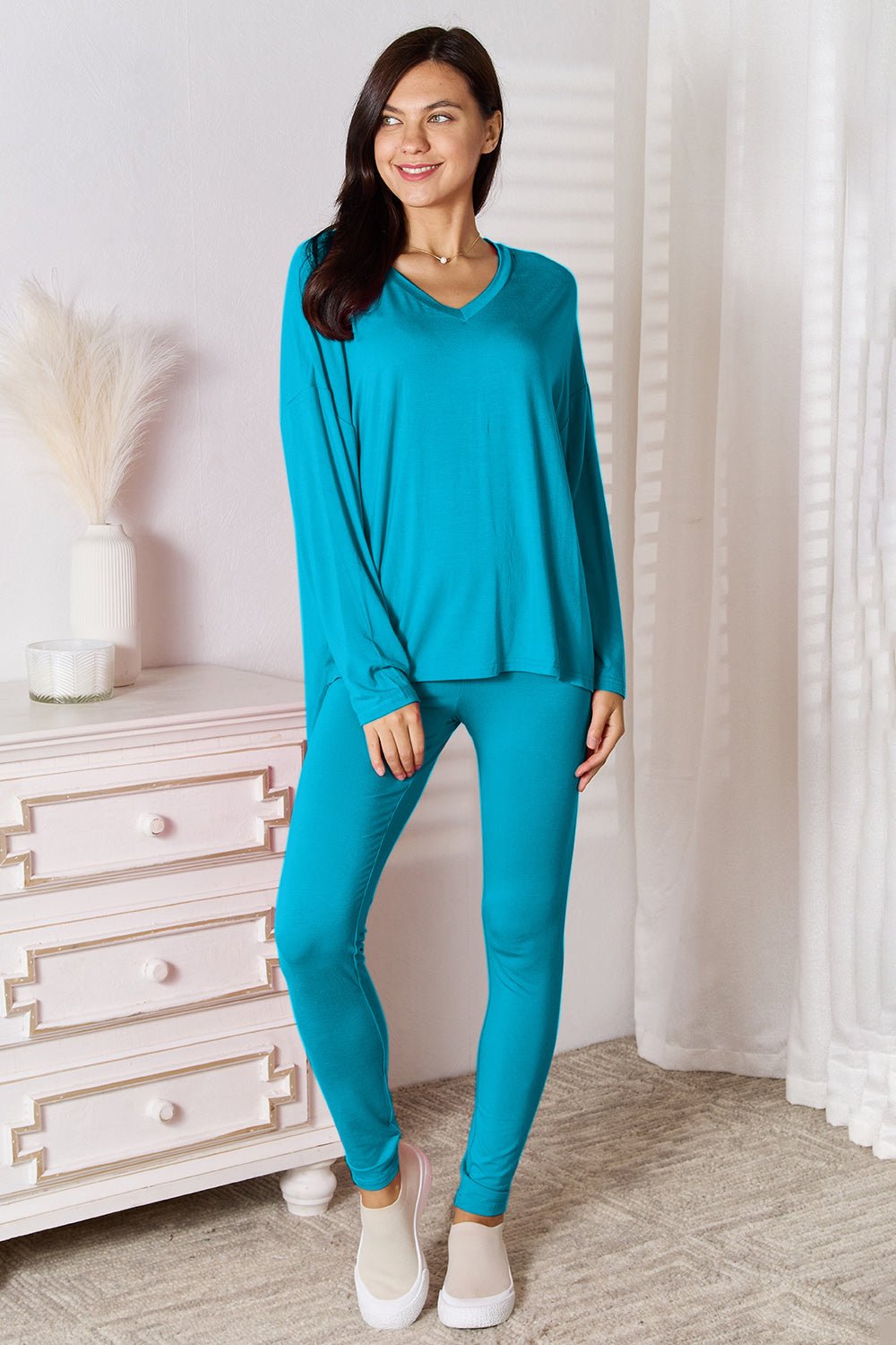 Basic Bae Full Size V - Neck Soft Rayon Long Sleeve Top and Pants Lounge Set - Runway Regalia