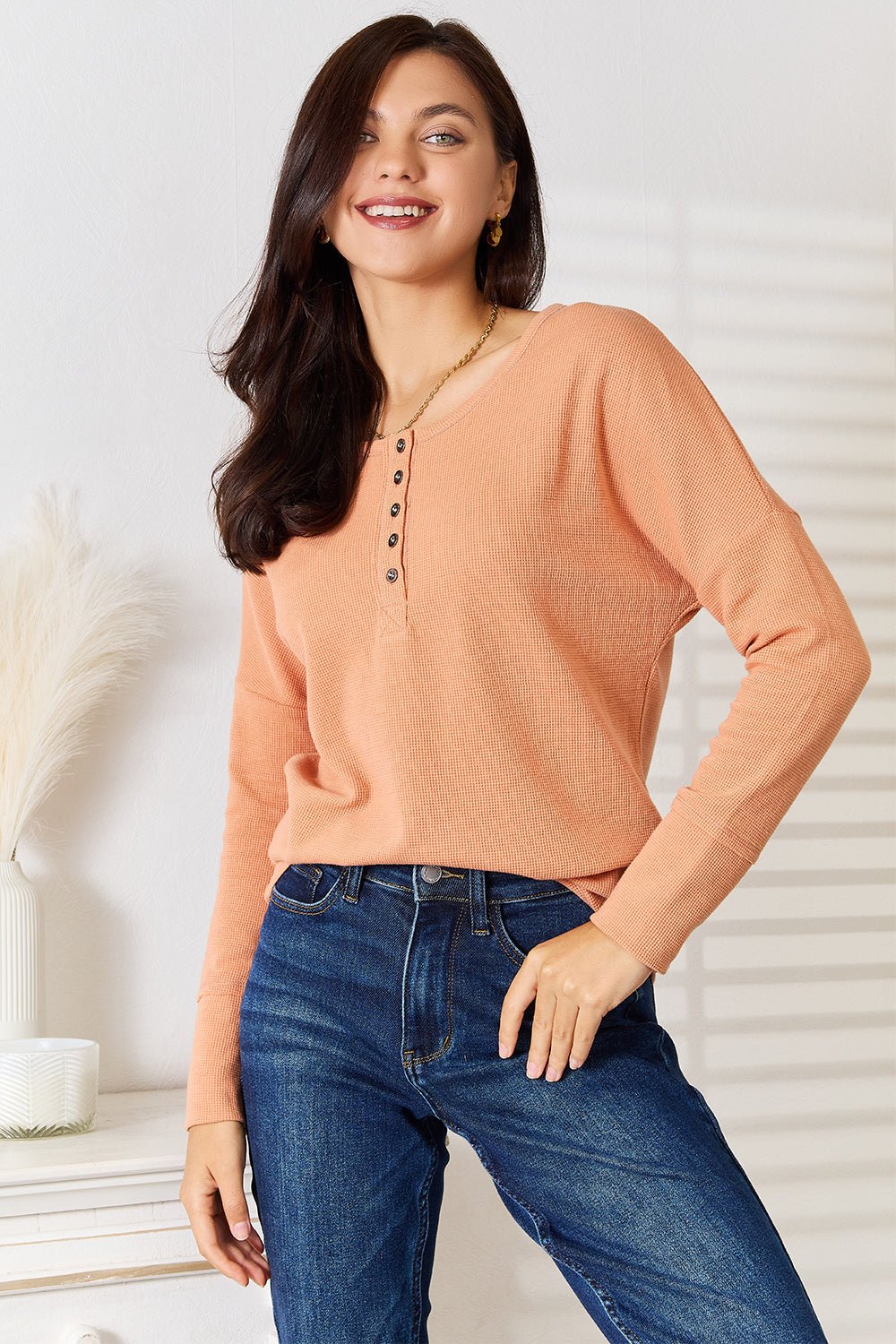 Basic Bae Half Button Long Sleeve Top - Runway Regalia