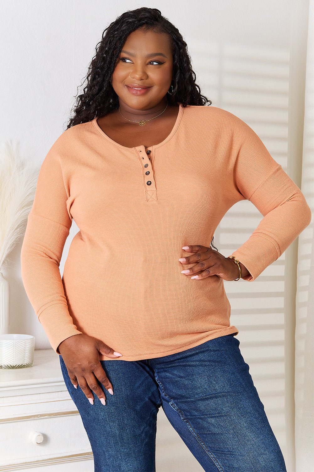 Basic Bae Half Button Long Sleeve Top - Runway Regalia