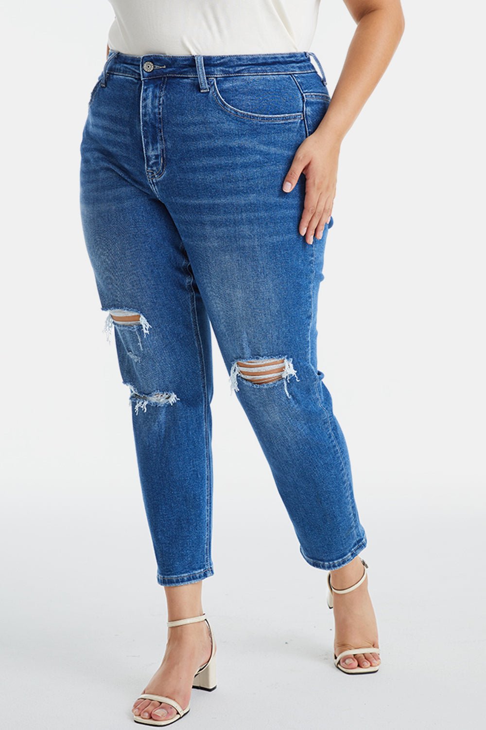 BAYEAS Full Size Distressed High Waist Mom Jeans - Runway Regalia