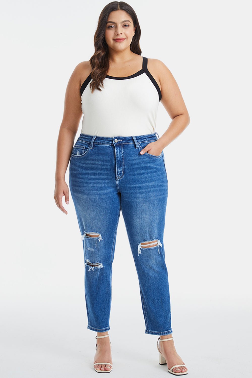 BAYEAS Full Size Distressed High Waist Mom Jeans - Runway Regalia