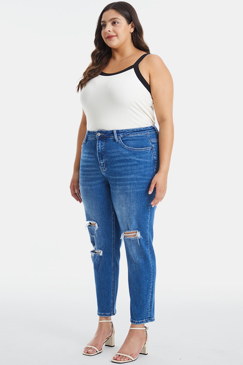 BAYEAS Full Size Distressed High Waist Mom Jeans - Runway Regalia