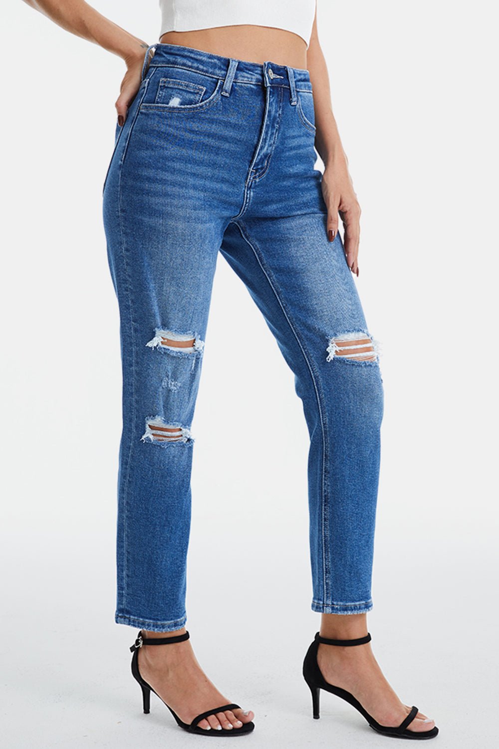 BAYEAS Full Size Distressed High Waist Mom Jeans - Runway Regalia