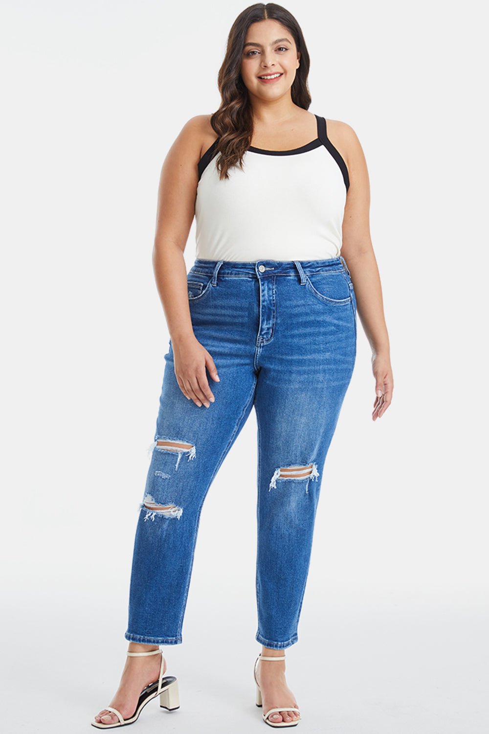 BAYEAS Full Size Distressed High Waist Mom Jeans - Runway Regalia