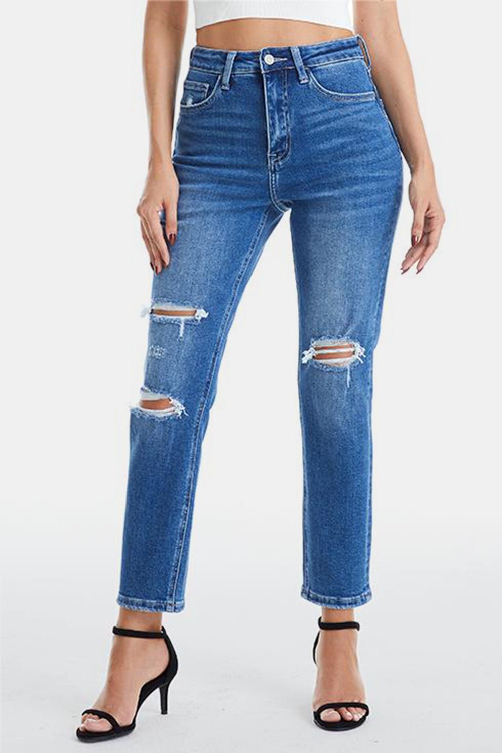 BAYEAS Full Size Distressed High Waist Mom Jeans - Runway Regalia