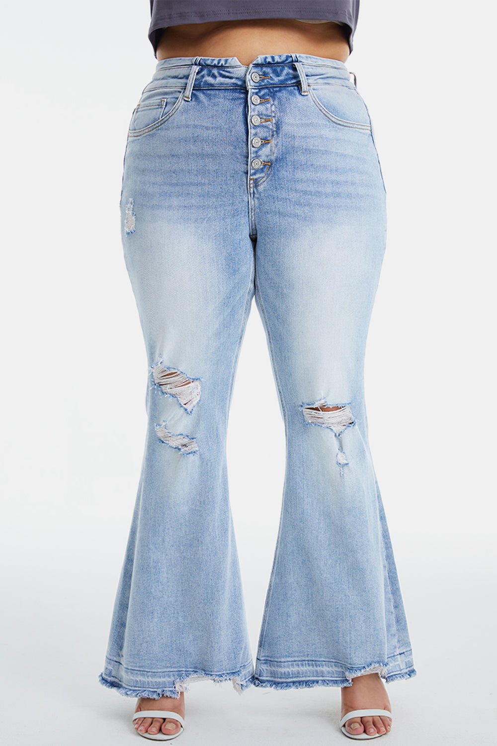 BAYEAS Full Size Distressed Raw Hem High Waist Flare Jeans - Runway Regalia