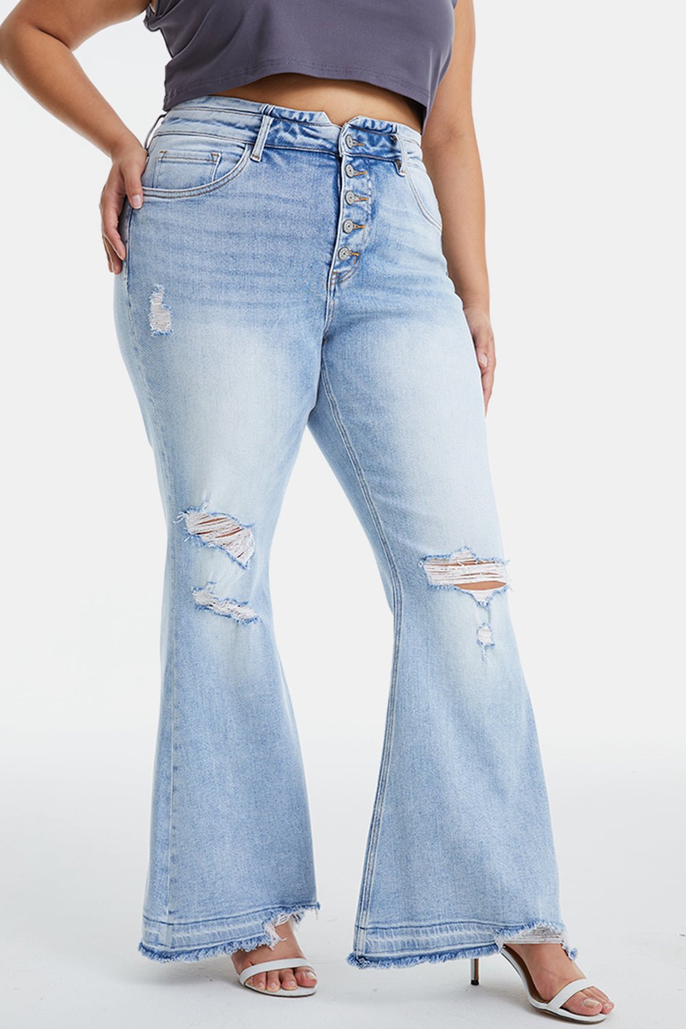 BAYEAS Full Size Distressed Raw Hem High Waist Flare Jeans - Runway Regalia