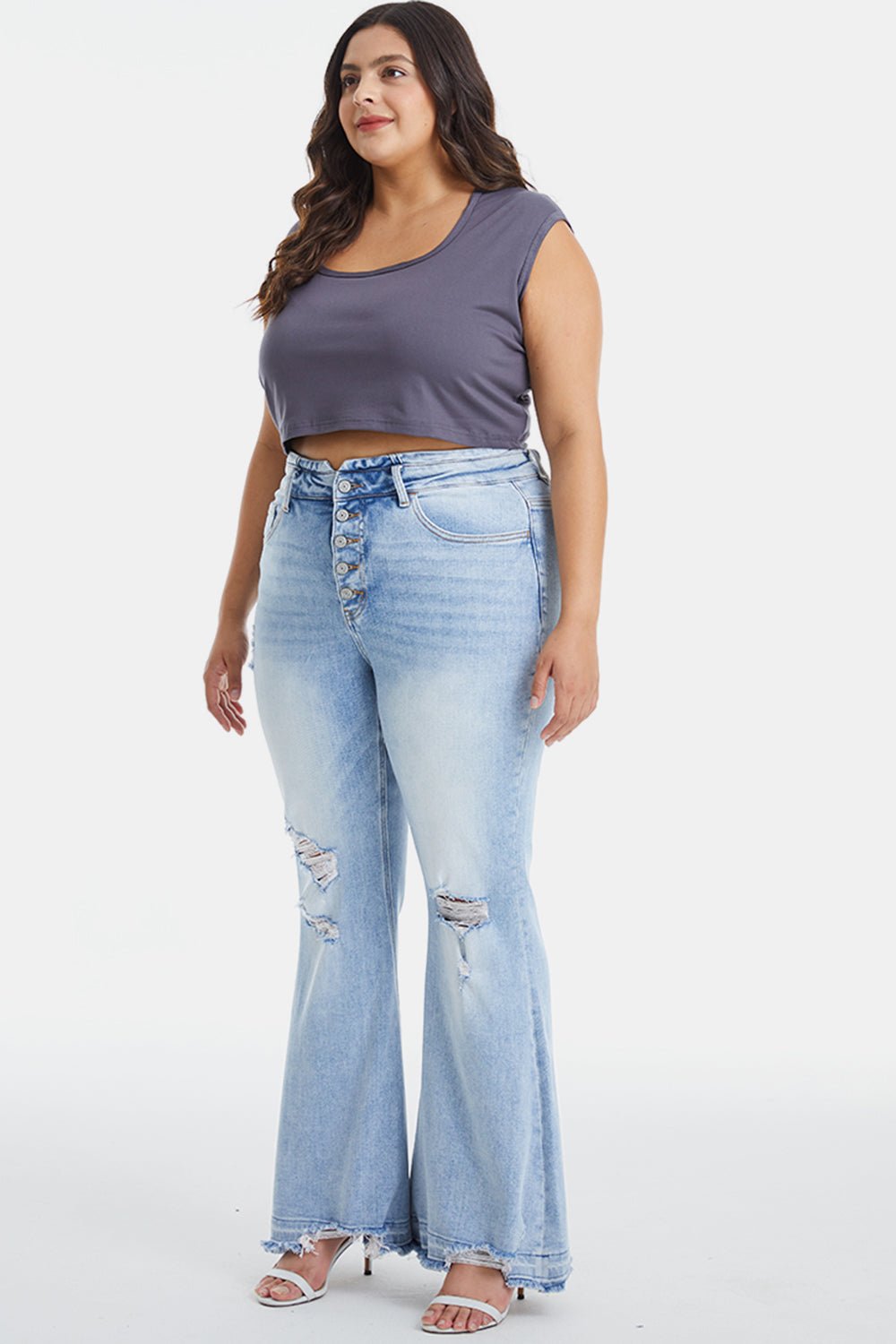 BAYEAS Full Size Distressed Raw Hem High Waist Flare Jeans - Runway Regalia