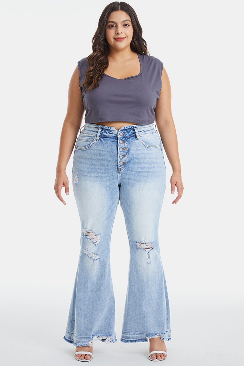 BAYEAS Full Size Distressed Raw Hem High Waist Flare Jeans - Runway Regalia