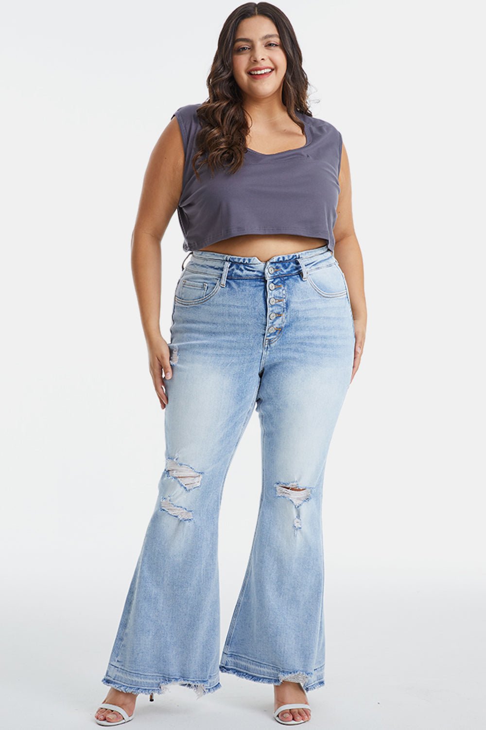 BAYEAS Full Size Distressed Raw Hem High Waist Flare Jeans - Runway Regalia