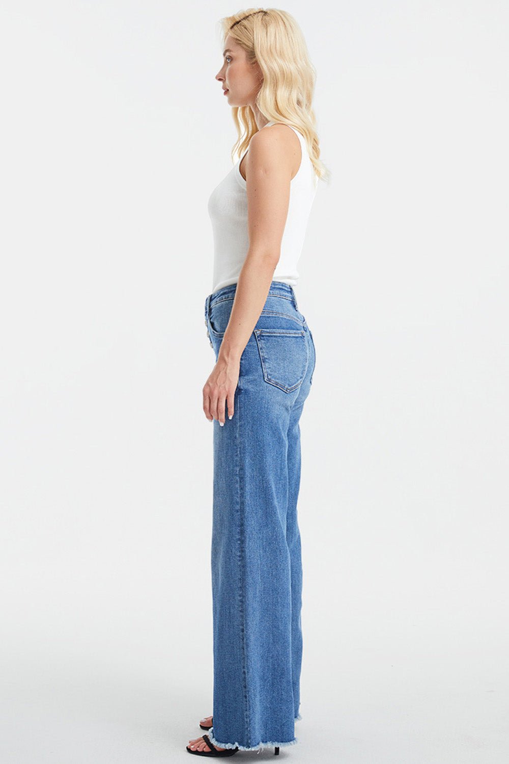 BAYEAS Full Size High Waist Button - Fly Raw Hem Wide Leg Jeans - Runway Regalia