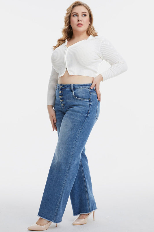 BAYEAS Full Size High Waist Button - Fly Raw Hem Wide Leg Jeans - Runway Regalia