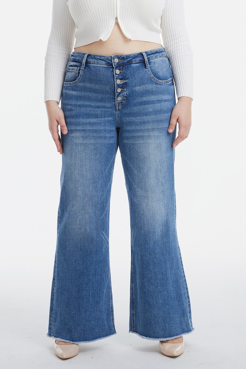 BAYEAS Full Size High Waist Button - Fly Raw Hem Wide Leg Jeans - Runway Regalia