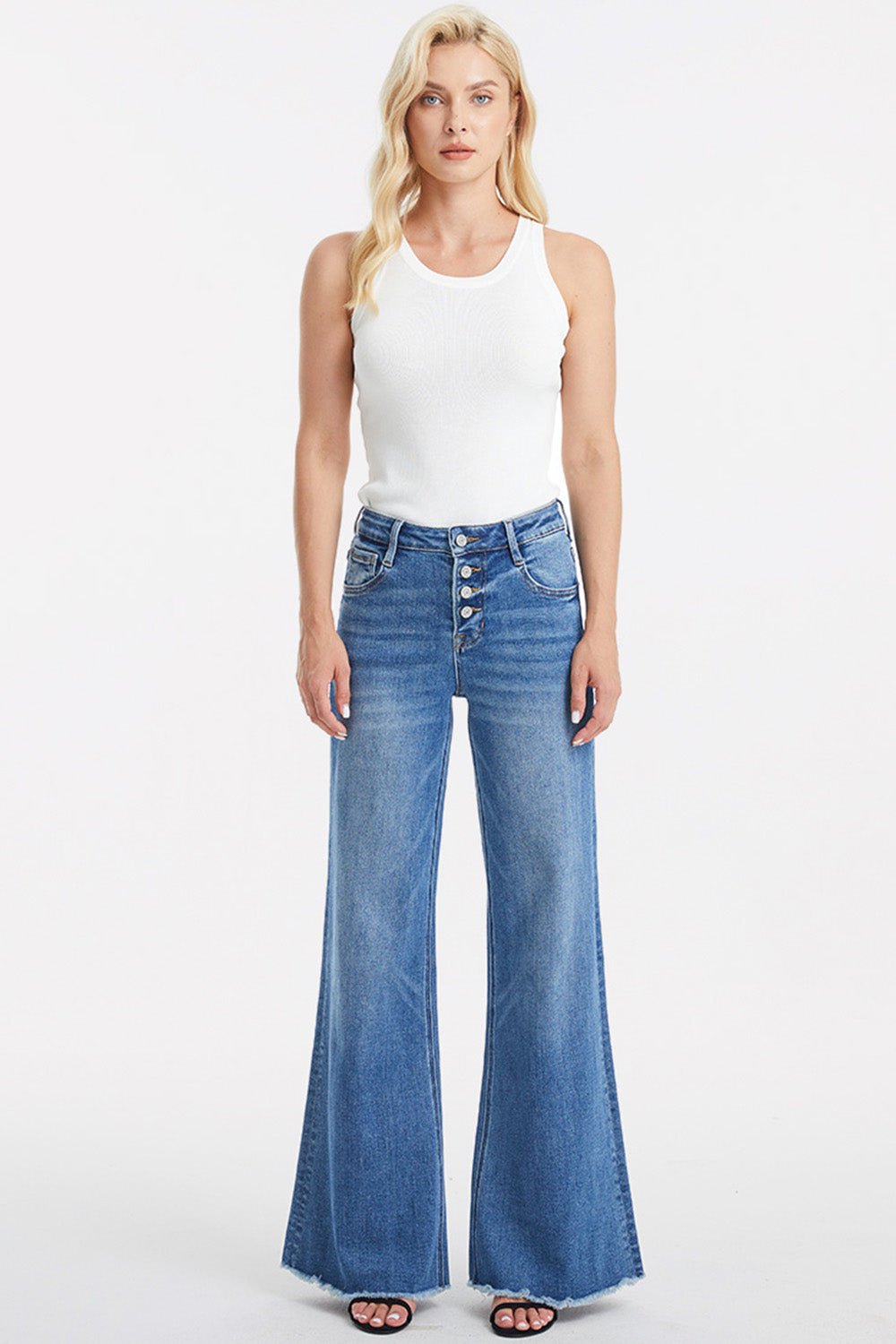 BAYEAS Full Size High Waist Button - Fly Raw Hem Wide Leg Jeans - Runway Regalia