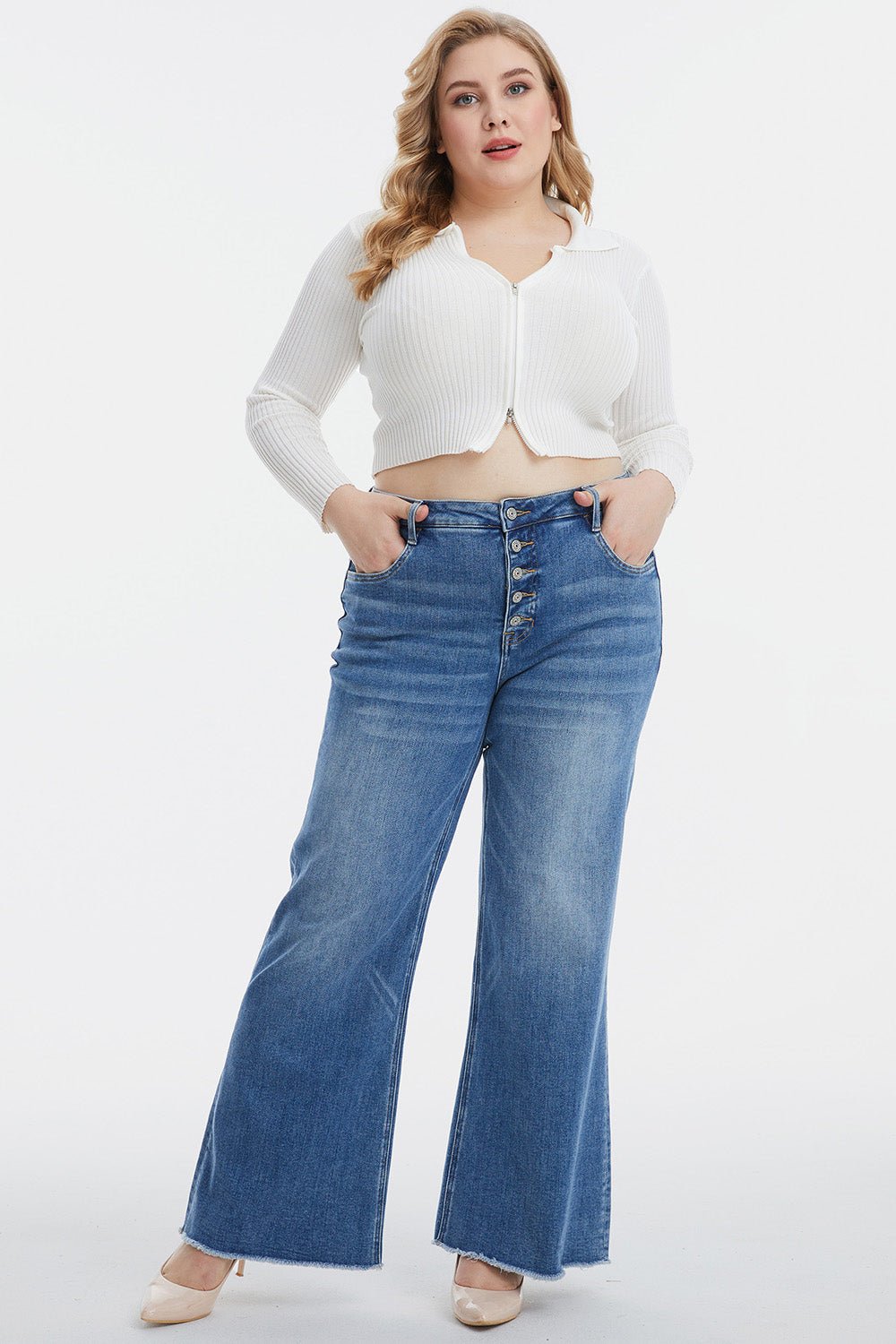 BAYEAS Full Size High Waist Button - Fly Raw Hem Wide Leg Jeans - Runway Regalia