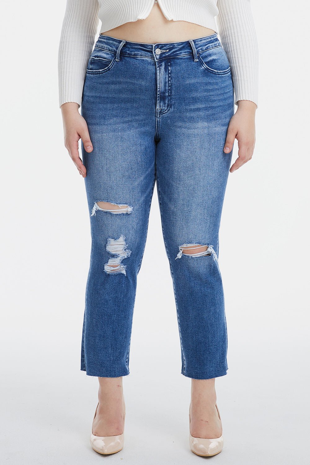 BAYEAS Full Size High Waist Distressed Cat's Whiskers Straight Jeans - Runway Regalia