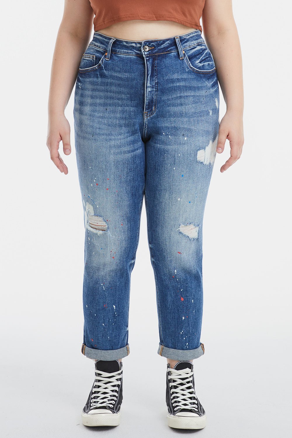 BAYEAS Full Size High Waist Distressed Paint Splatter Pattern Jeans - Runway Regalia