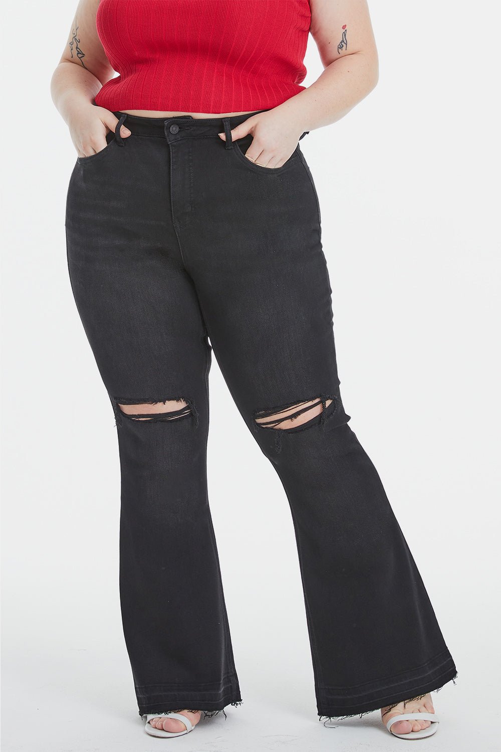 BAYEAS Full Size High Waist Distressed Raw Hem Flare Jeans - Runway Regalia