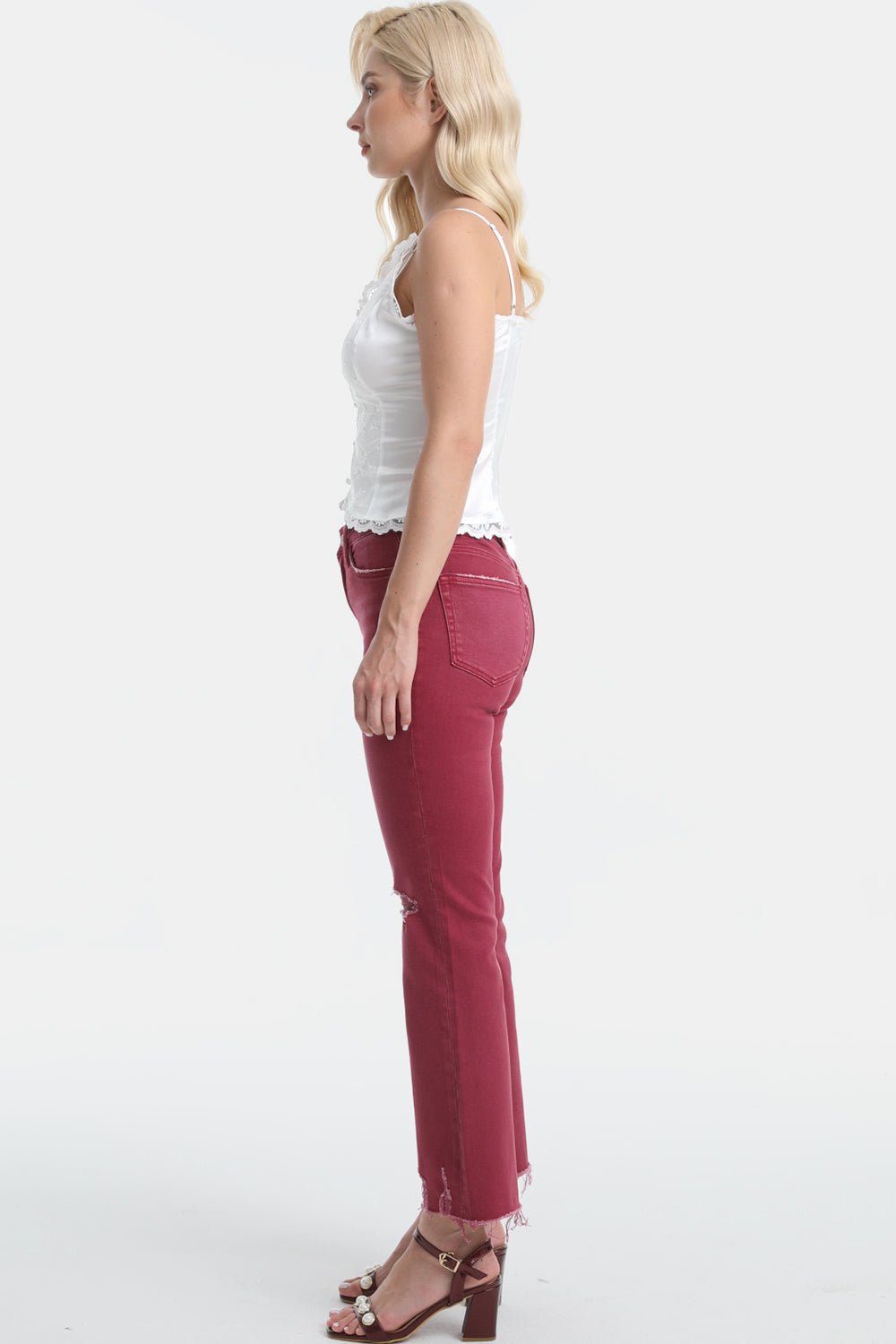 BAYEAS Full Size High Waist Distressed Raw Hem Flare Jeans - Runway Regalia