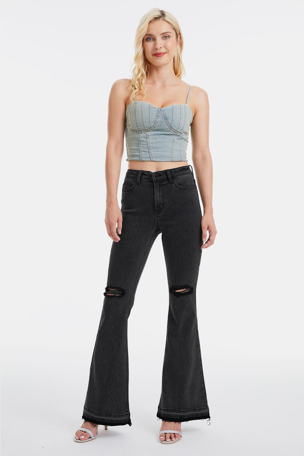 BAYEAS Full Size High Waist Distressed Raw Hem Flare Jeans - Runway Regalia