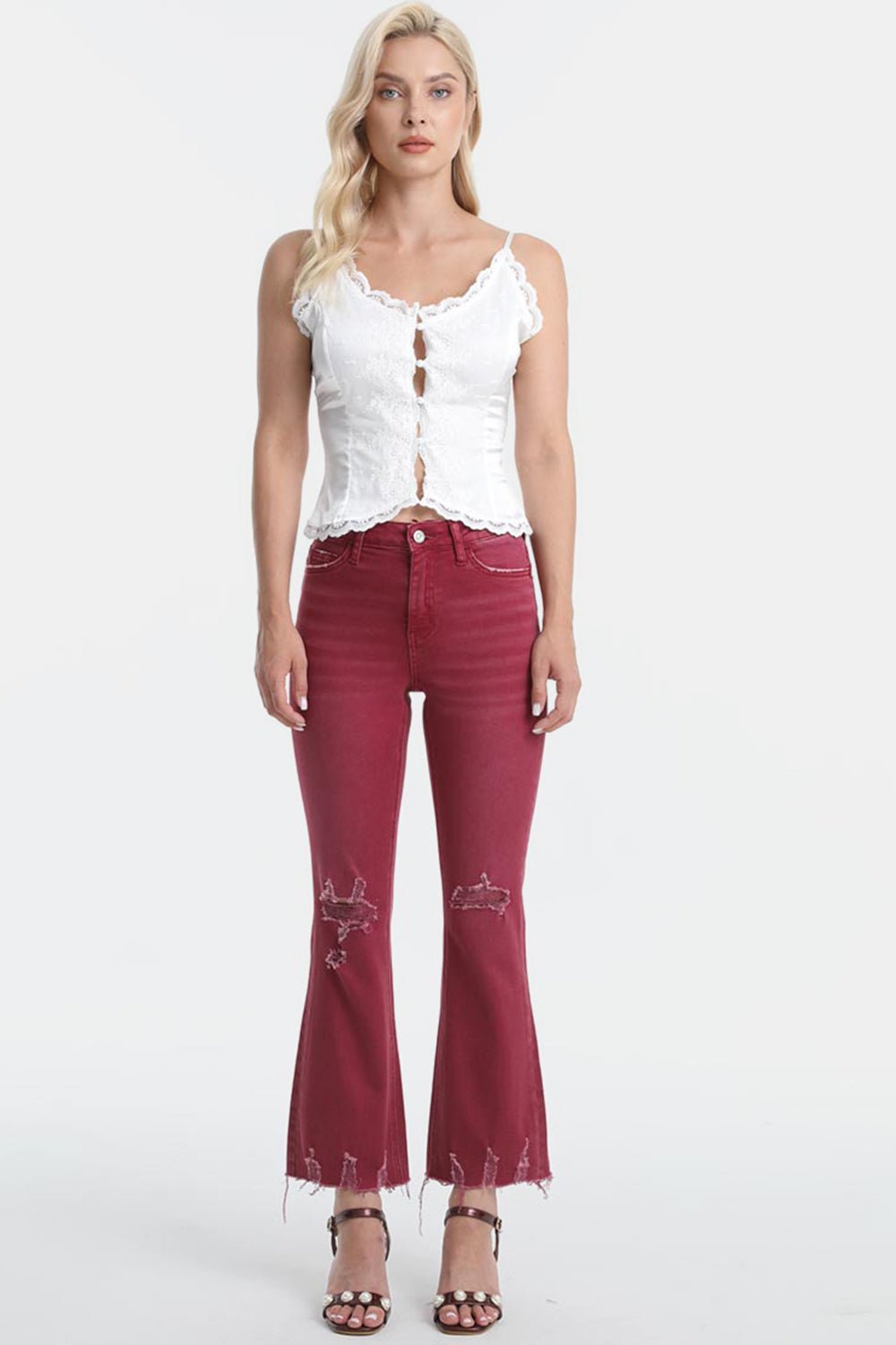 BAYEAS Full Size High Waist Distressed Raw Hem Flare Jeans - Runway Regalia