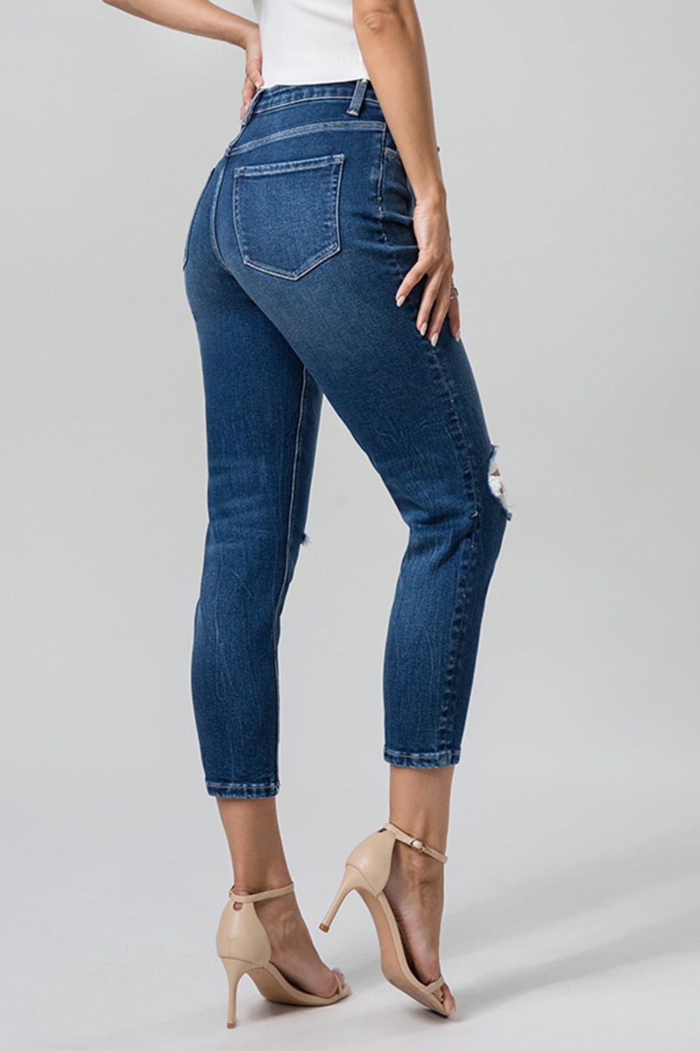 BAYEAS Full Size High Waist Distressed Washed Cropped Mom Jeans - Runway Regalia