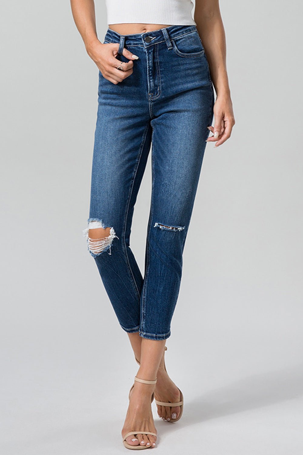 BAYEAS Full Size High Waist Distressed Washed Cropped Mom Jeans - Runway Regalia