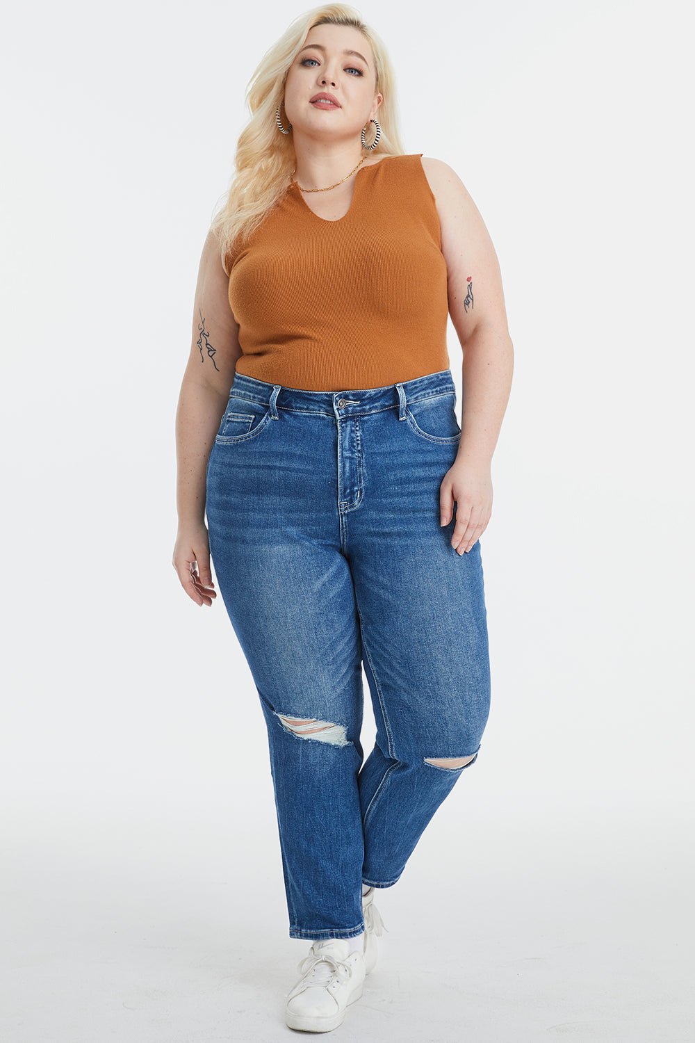 BAYEAS Full Size High Waist Distressed Washed Cropped Mom Jeans - Runway Regalia