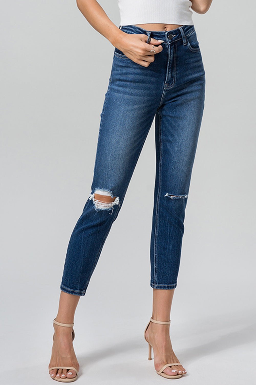 BAYEAS Full Size High Waist Distressed Washed Cropped Mom Jeans - Runway Regalia