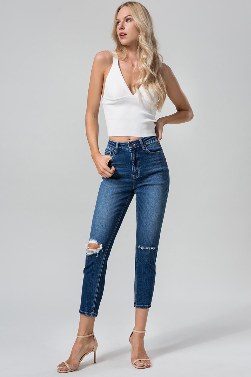 BAYEAS Full Size High Waist Distressed Washed Cropped Mom Jeans - Runway Regalia