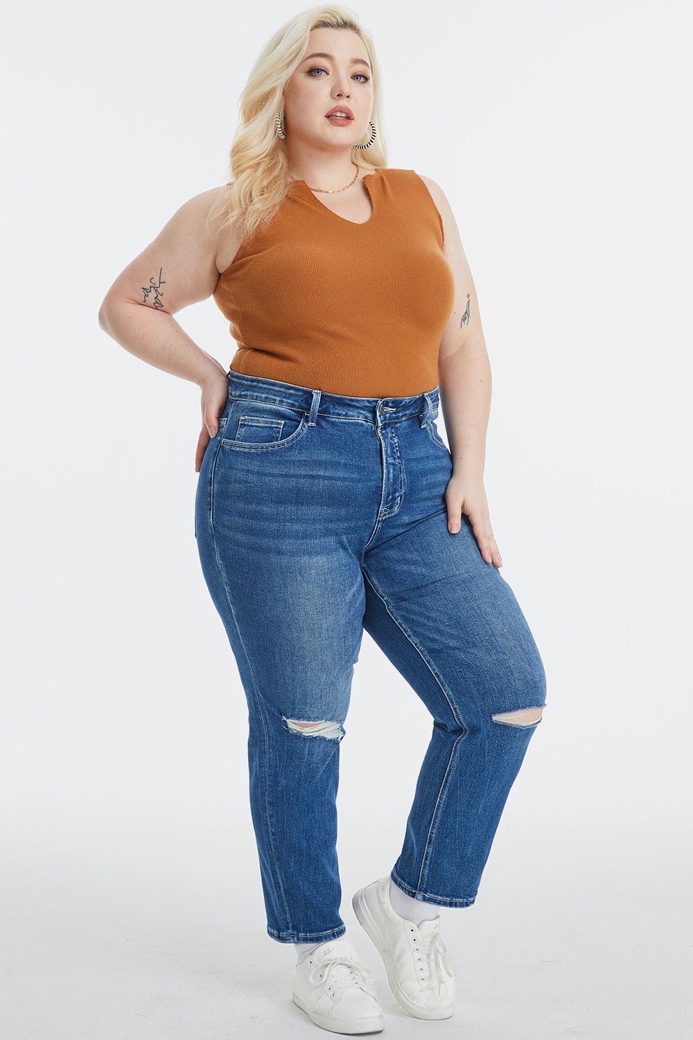 BAYEAS Full Size High Waist Distressed Washed Cropped Mom Jeans - Runway Regalia