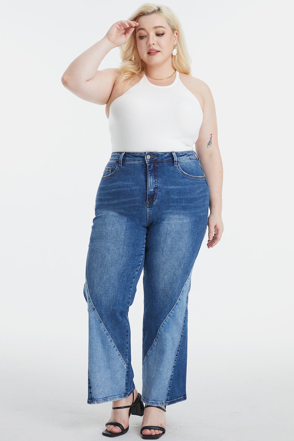 BAYEAS Full Size High Waist Two - Tones Patched Wide Leg Jeans - Runway Regalia