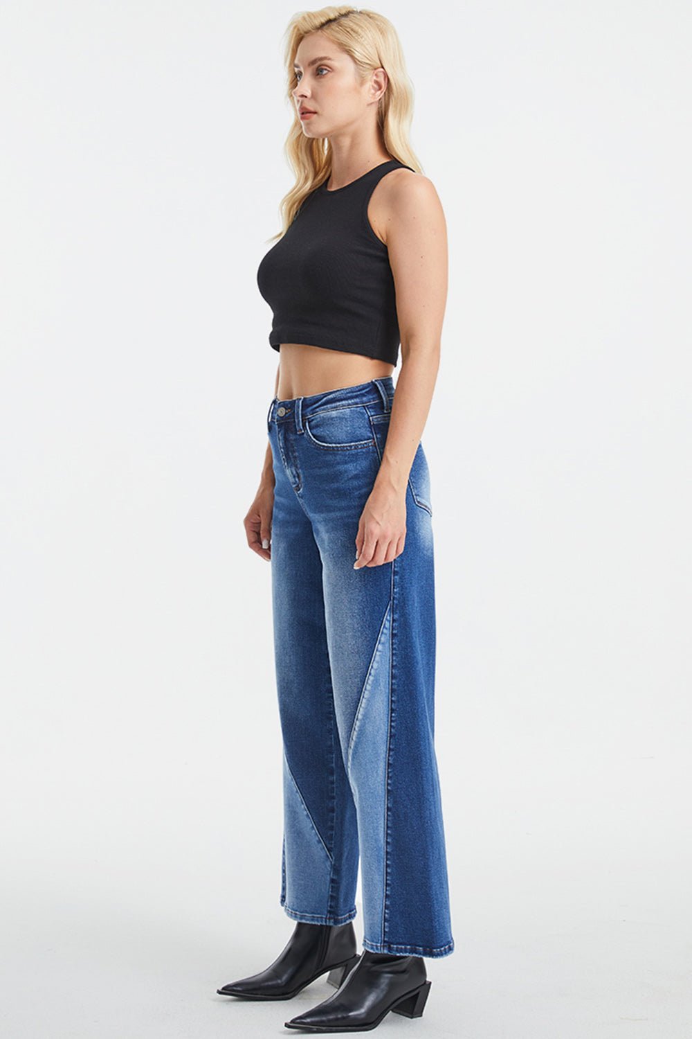 BAYEAS Full Size High Waist Two - Tones Patched Wide Leg Jeans - Runway Regalia