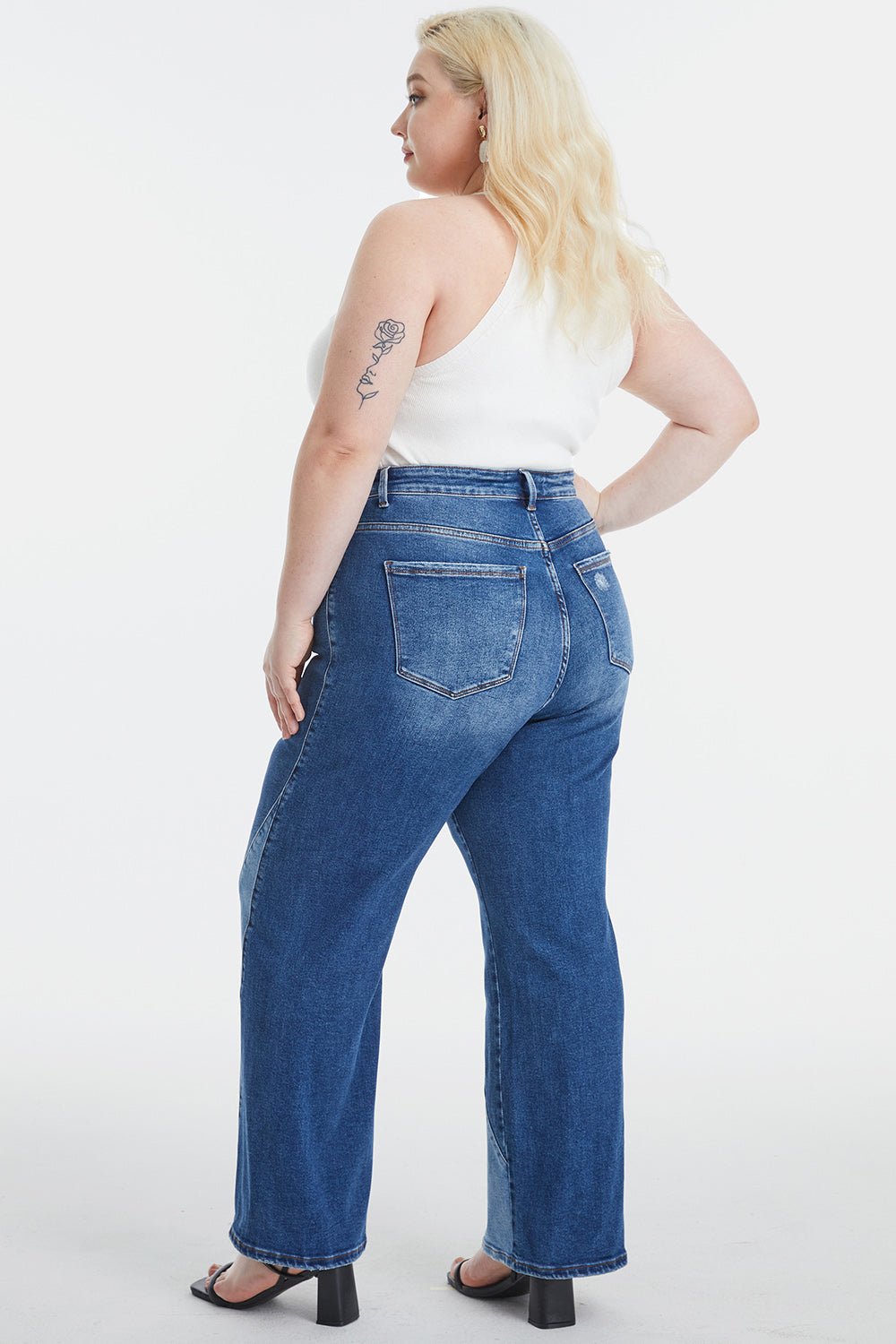 BAYEAS Full Size High Waist Two - Tones Patched Wide Leg Jeans - Runway Regalia