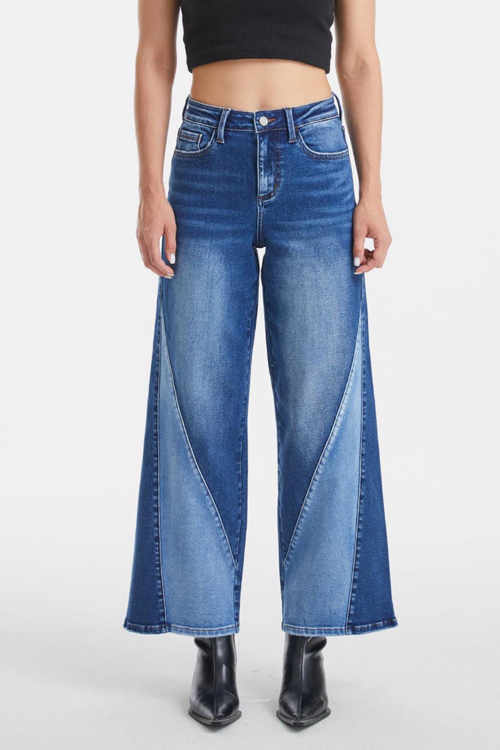 BAYEAS Full Size High Waist Two - Tones Patched Wide Leg Jeans - Runway Regalia