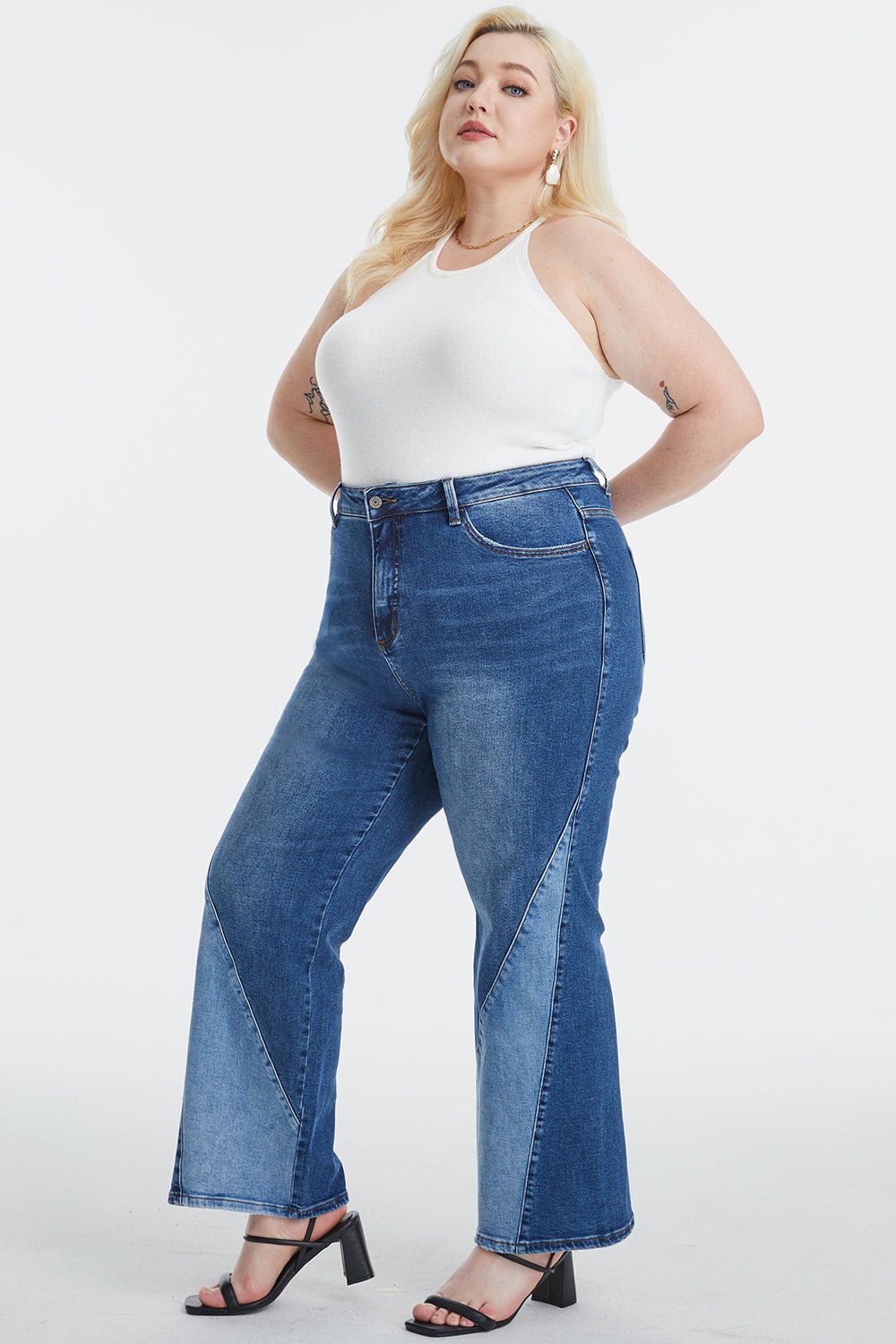 BAYEAS Full Size High Waist Two - Tones Patched Wide Leg Jeans - Runway Regalia