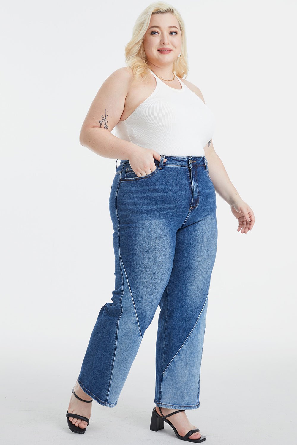 BAYEAS Full Size High Waist Two - Tones Patched Wide Leg Jeans - Runway Regalia