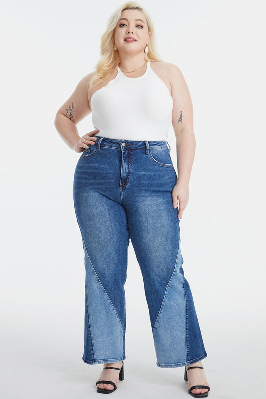 BAYEAS Full Size High Waist Two - Tones Patched Wide Leg Jeans - Runway Regalia