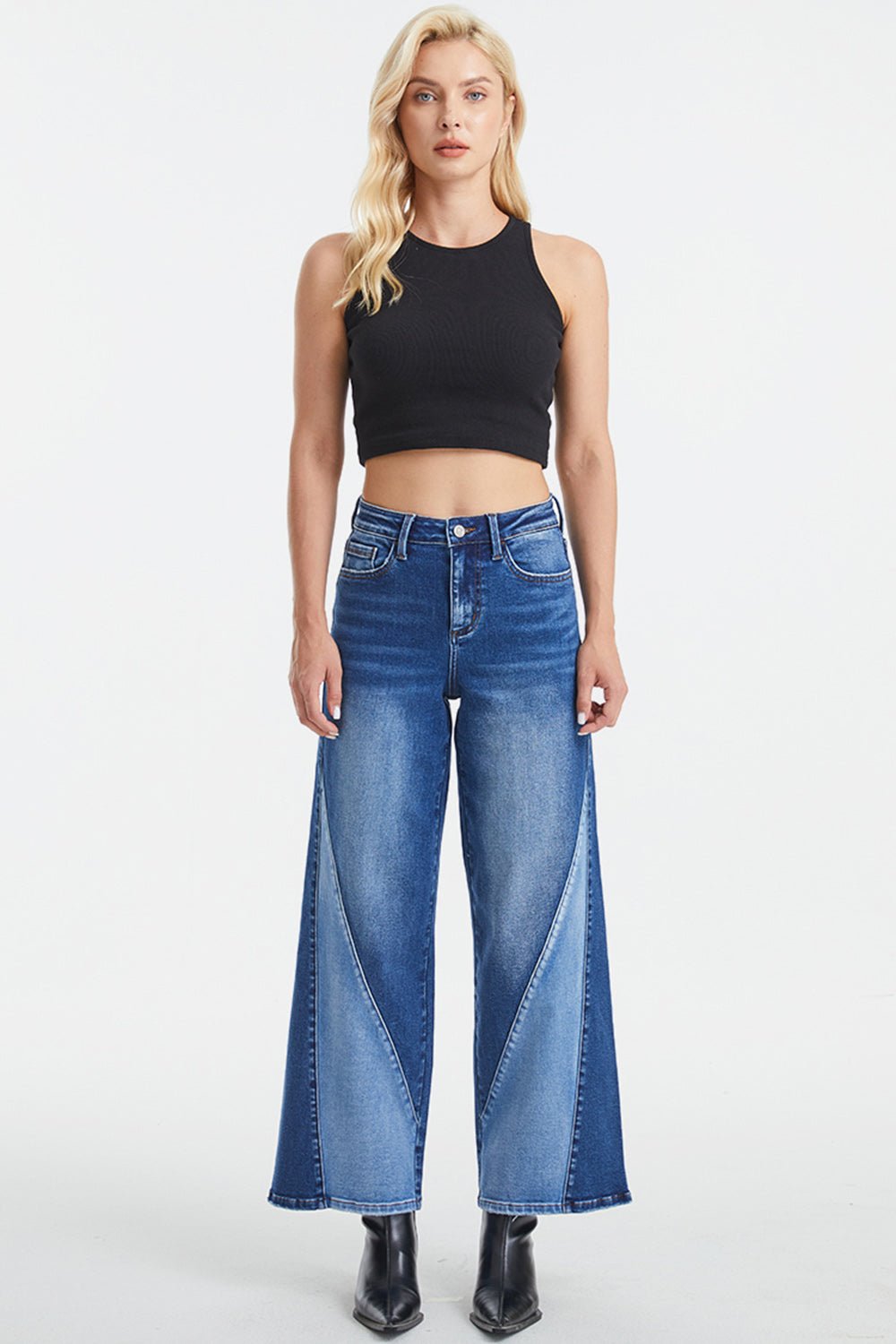 BAYEAS Full Size High Waist Two - Tones Patched Wide Leg Jeans - Runway Regalia