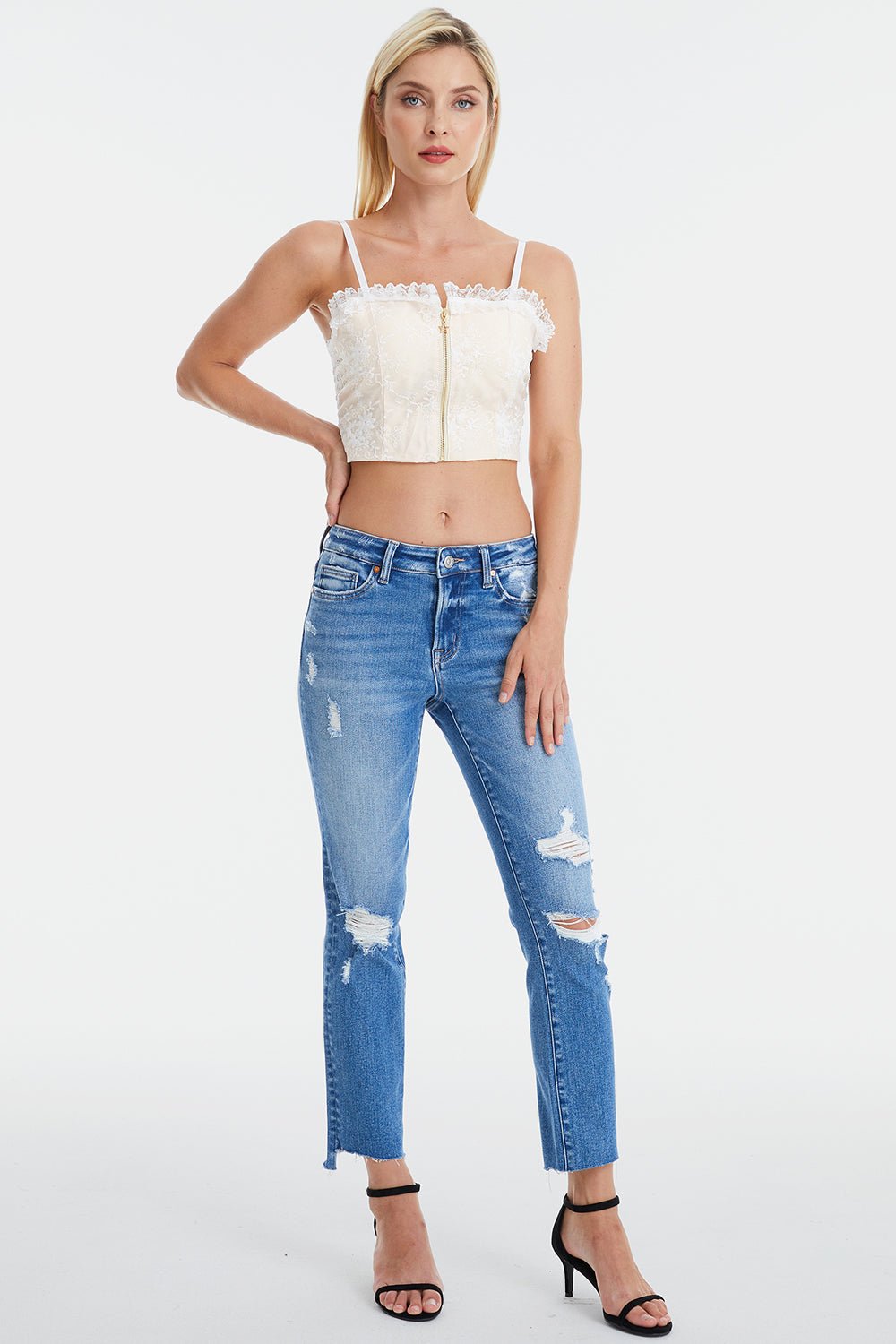 BAYEAS Full Size Mid Waist Distressed Ripped Straight Jeans - Runway Regalia