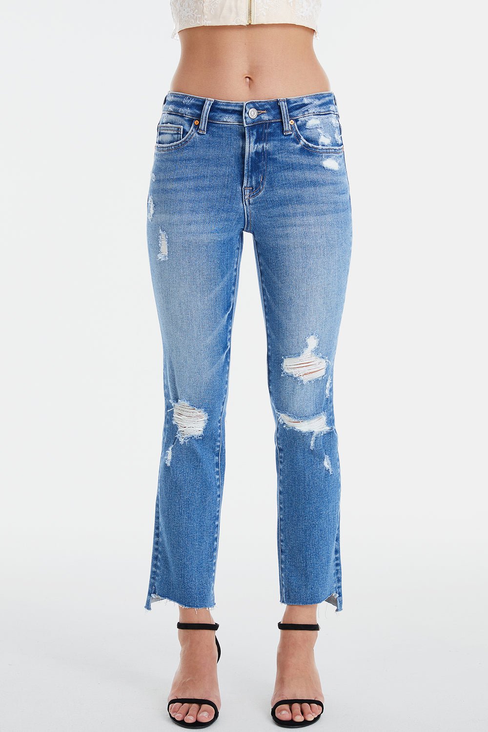 BAYEAS Full Size Mid Waist Distressed Ripped Straight Jeans - Runway Regalia