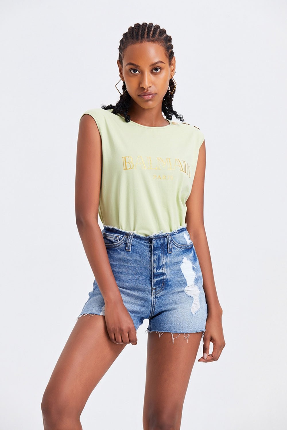 BAYEAS High Rise Bandless Denim Shorts - Runway Regalia