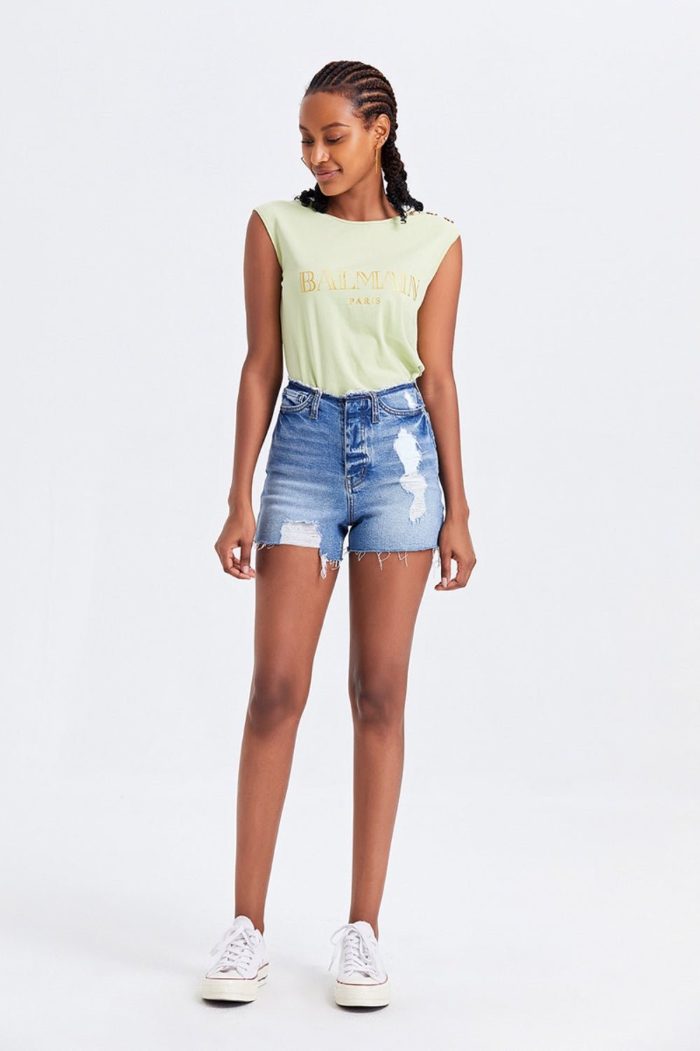 BAYEAS High Rise Bandless Denim Shorts - Runway Regalia