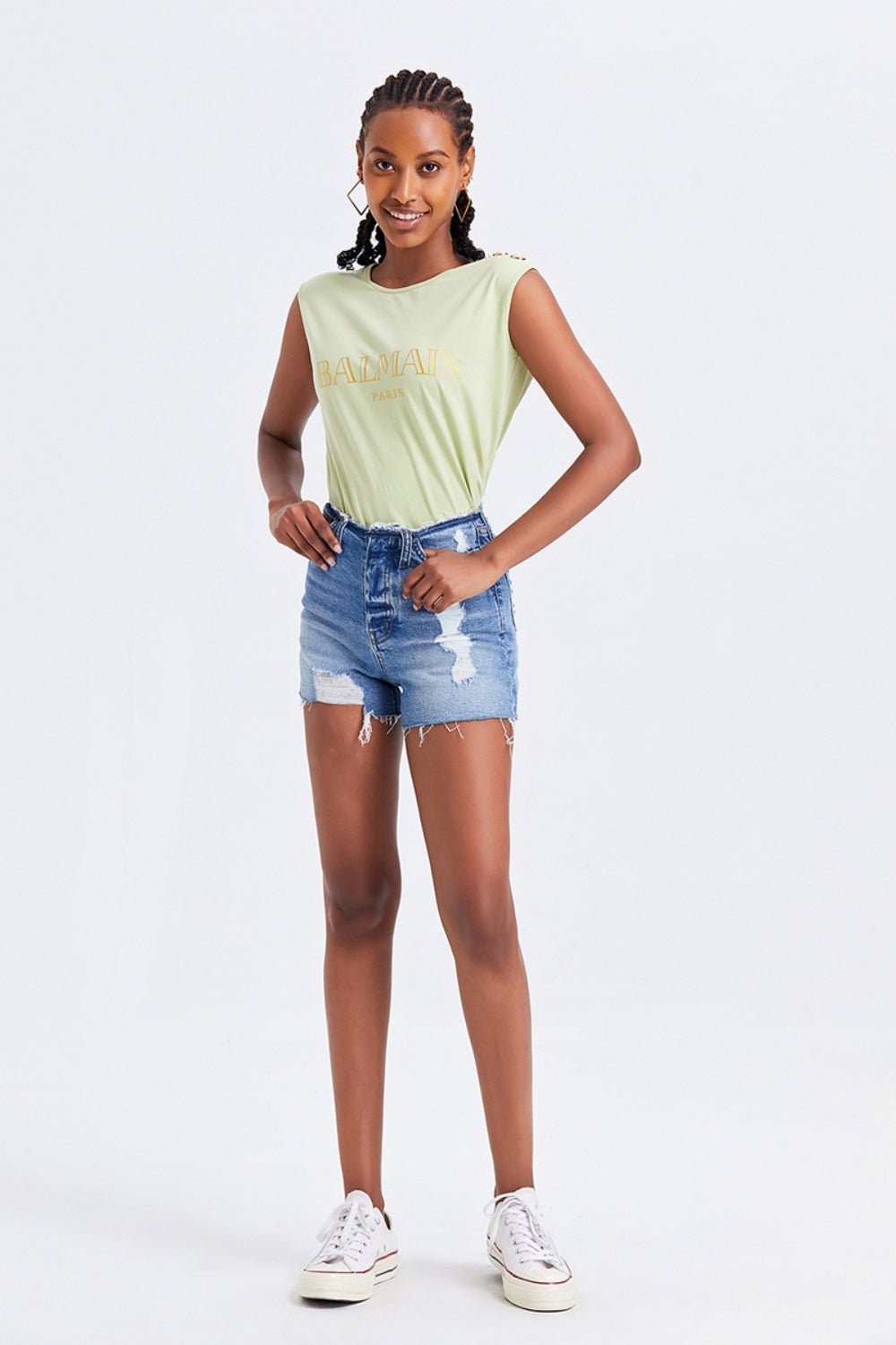 BAYEAS High Rise Bandless Denim Shorts - Runway Regalia