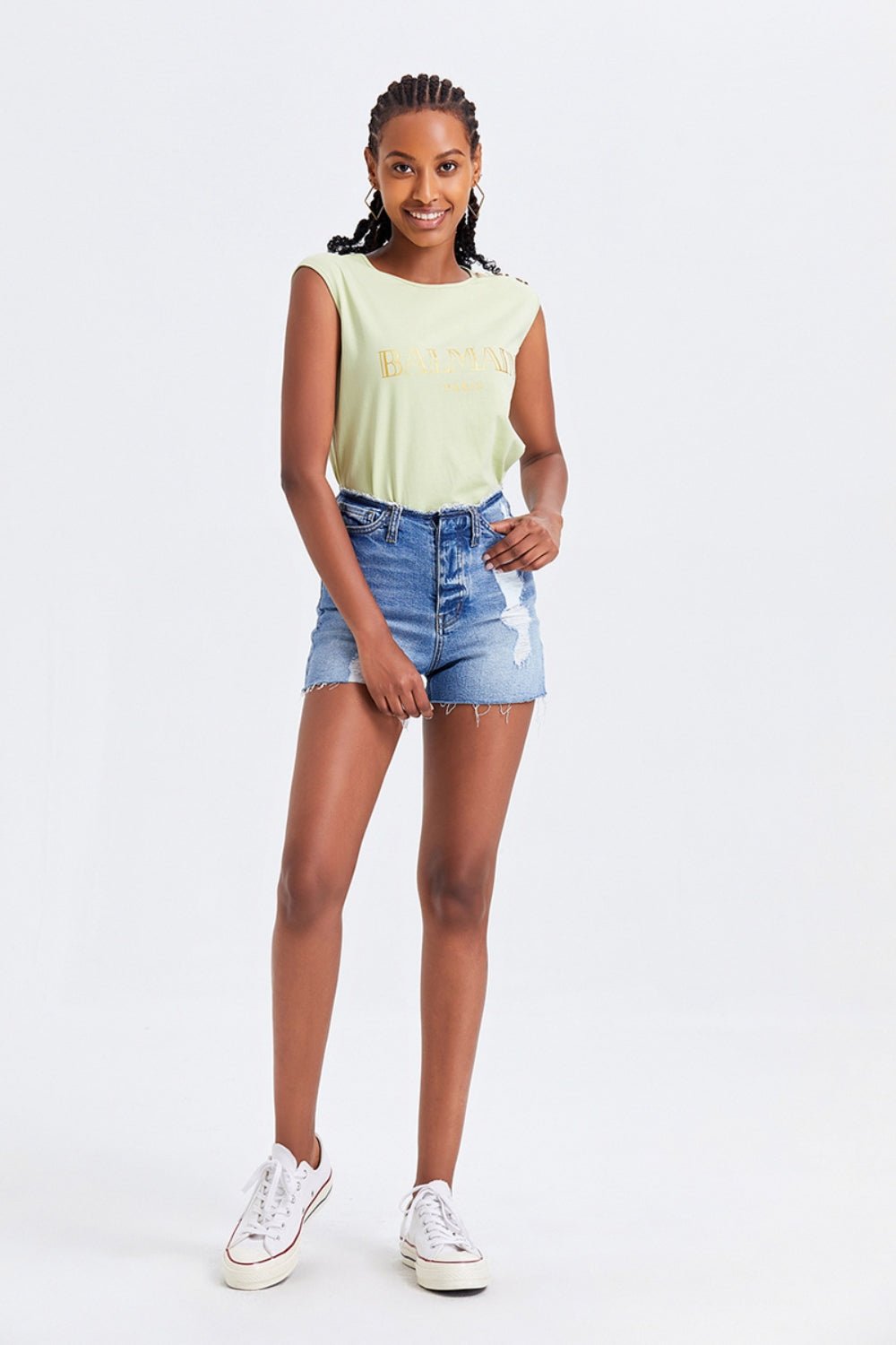 BAYEAS High Rise Bandless Denim Shorts - Runway Regalia