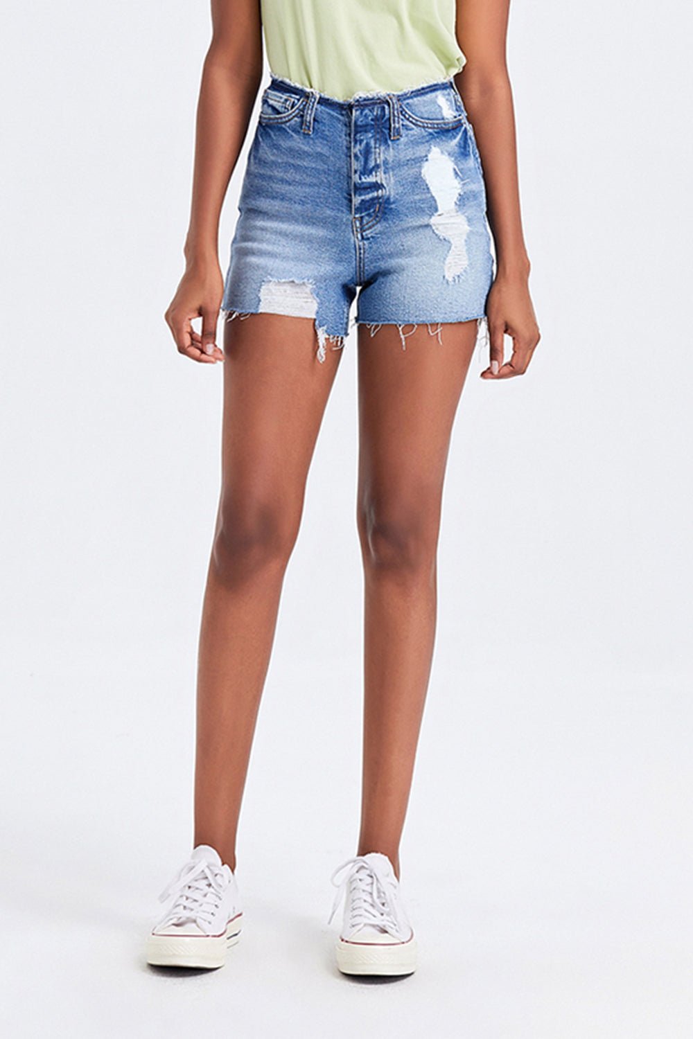 BAYEAS High Rise Bandless Denim Shorts - Runway Regalia